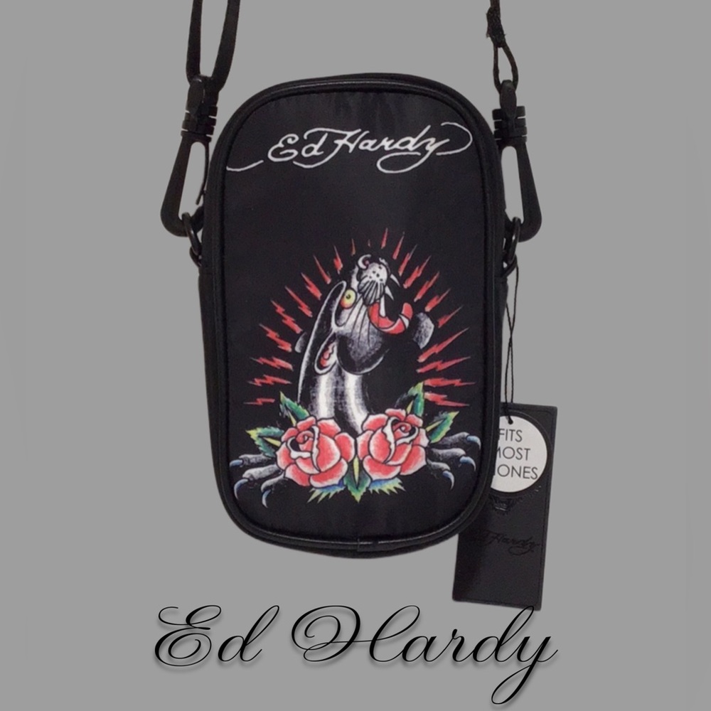 NEW Ed Hardy Crossbody, Jaguar Rose Tatoo Art, Small, Black, Nylon, Unisex